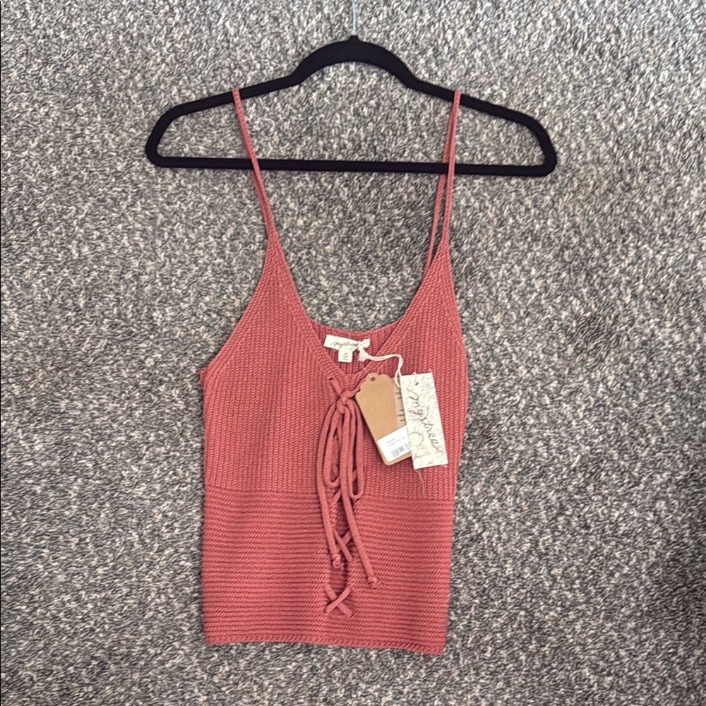 Ribbed Lace-Up Cami Tank Top - Dusty Rose